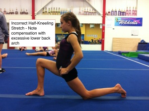 Improper Half Kneeling Hip Flexor Stretch - Note Anterior Pelvic Tilt and Compensatory Use of Lower Back Arch 