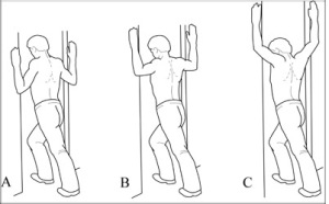 Doorway Pectoralis Stretch for Upple, Middle, and Lower Fibers based on hand position 