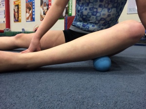 Positioning of Lacrosse/Tennis Ball for outer Soleus soft tissue work in "pigeon"